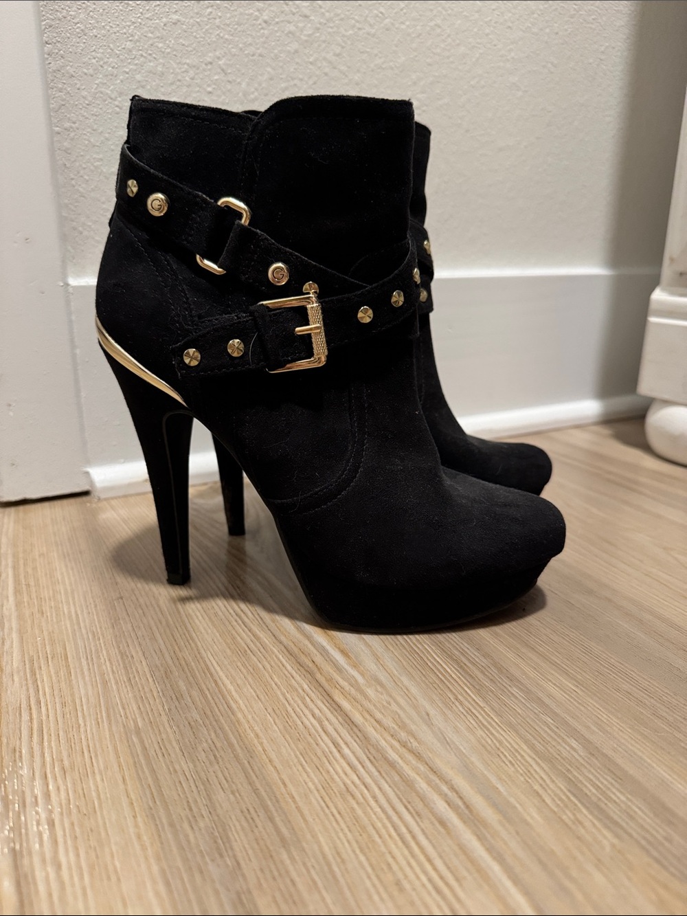 G by Guess Black Suede Ankle Booties with Gold Buckle & Studs